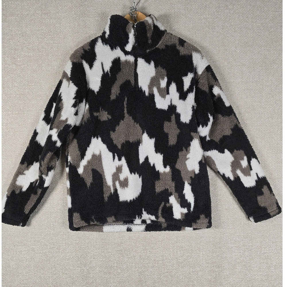 Eddie Bauer Womens M Sherpa Fleece Quarter Zip Pullover Abstract Camo Black Grey